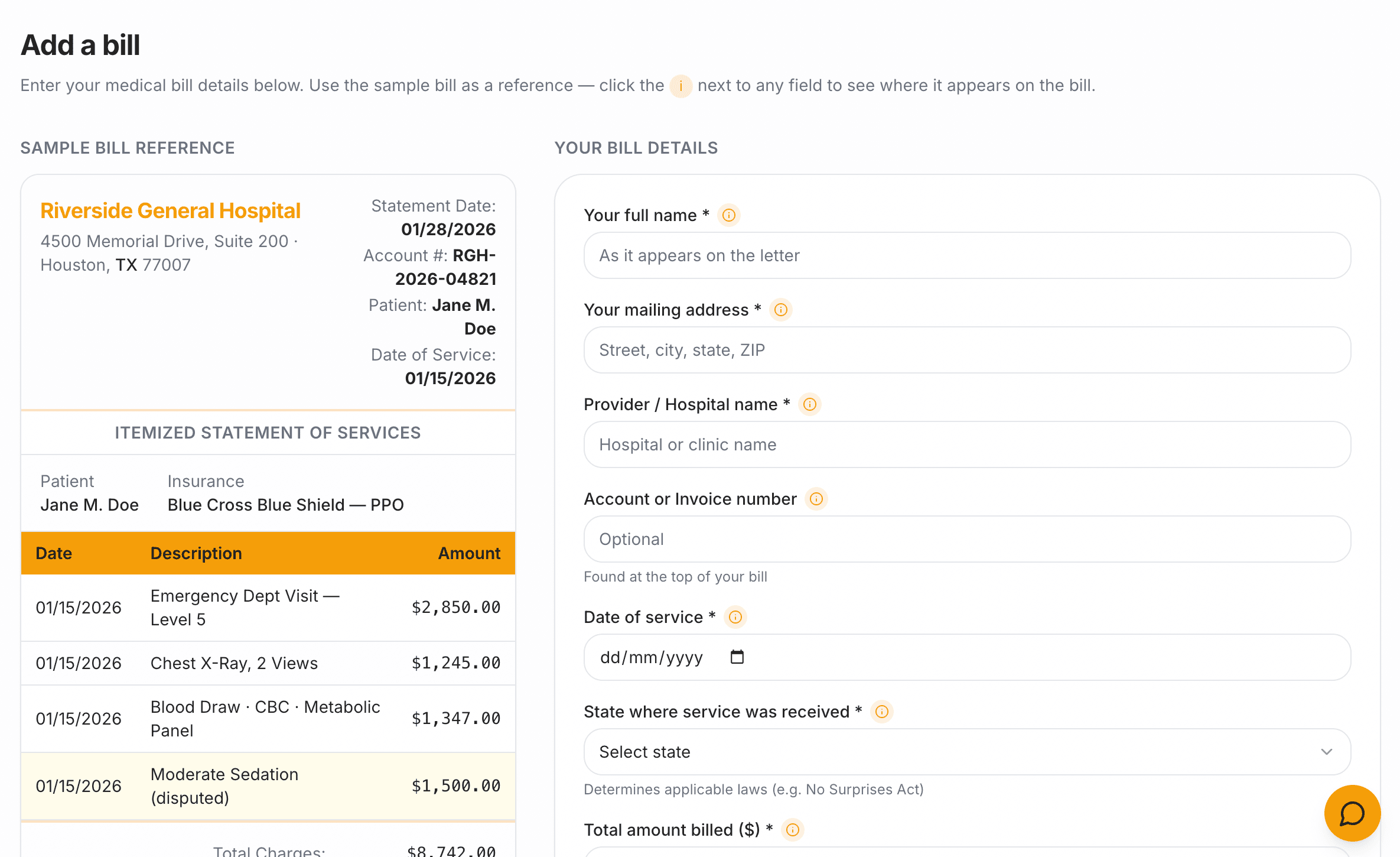 BillFix bill upload screen showing a US medical bill being analyzed