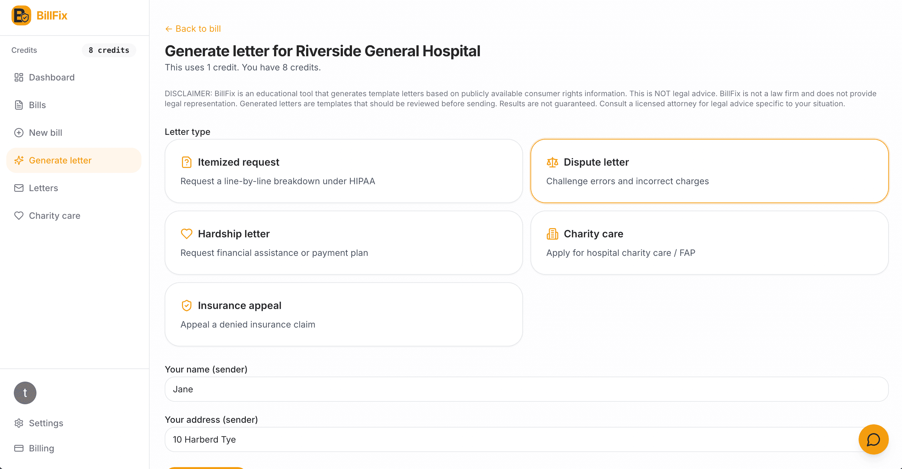BillFix line item selection screen with flagged charges highlighted